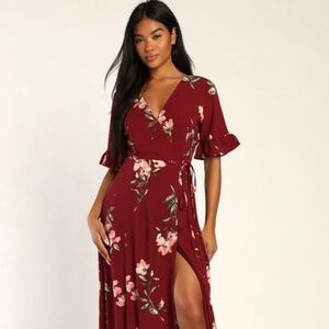 Lulus September Sunsets Burgundy Floral Print Wrap Maxi Dress Red - Size S